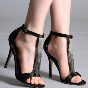 L.A.M.B Black Satin Heels w/Silver Ombre Tassel SZ9